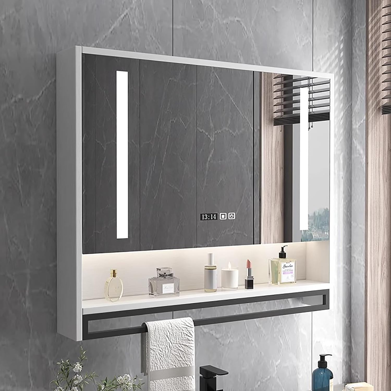 Medicine Cabinet with HD Mirror and Anti Fog,Modern Smart Medicine Cabinet Bathroom Mirror with LED Lights,Bathroom Storage Organizer Clock and Temper Display,with Towel bar，Touch Switch