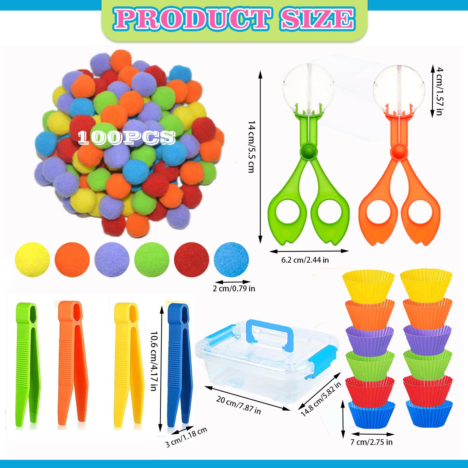 Juego de 119 pinzas para niños, juego de herramientas motoras finas para ayudar a las manos, incluye 100 pompones, 12 tazas, 4 pinzas, 2 clips, 1 caja de almacenamiento para entrenamiento de 2