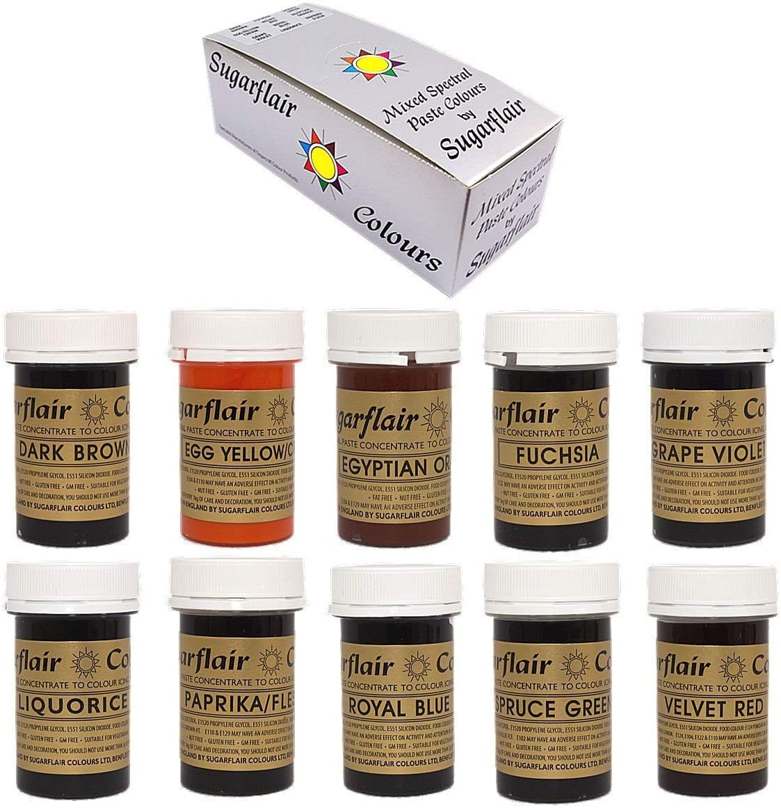 Sugarflair Concentrated Food Colours - Mixed Set of 10 SPECTRAL Pastes Prepacked
