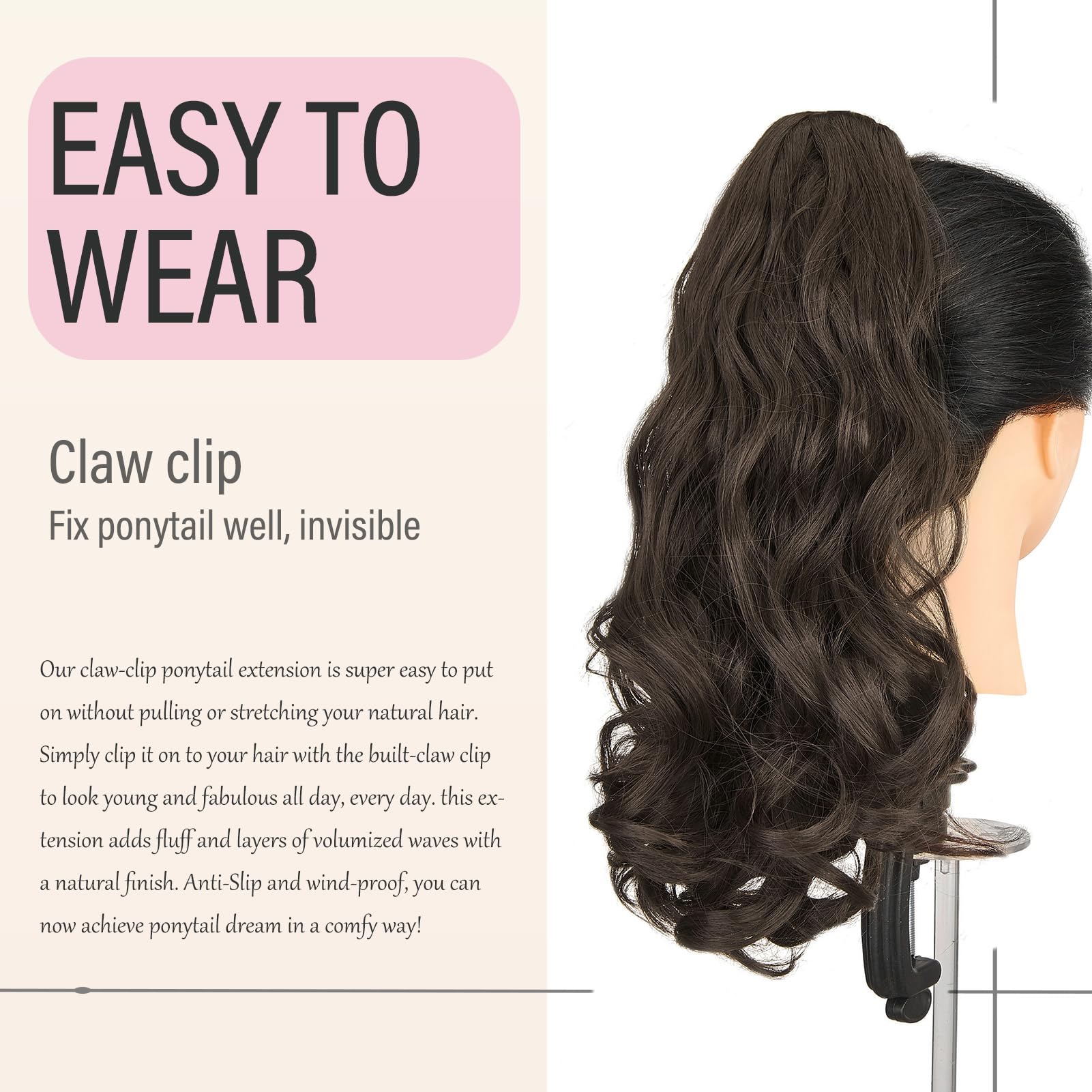 Dcbaboo Claw Clip in Ponytail Hair Extensions Long Wavy 18inch Ponytail Extension Curly Wave Synthetic Jaw on Pony tails Natural Hairpiece Fake Ponytail for Women Medium Brown - Image 4