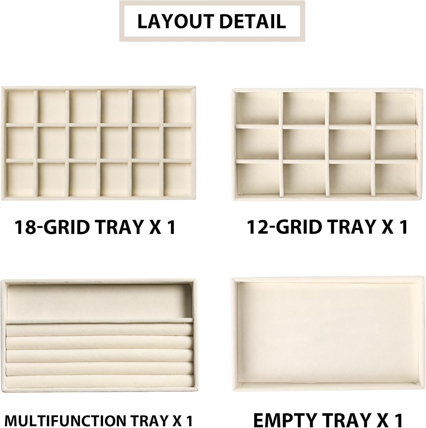Frebeauty Jewelry Organizer Tray,Stackable Velvet Jewelry Trays,Drawer Inserts Earring Organizer For Women Jewelry Storage Display Case for Rings Stud Necklaces,Set of 4(Beige) - Image 4