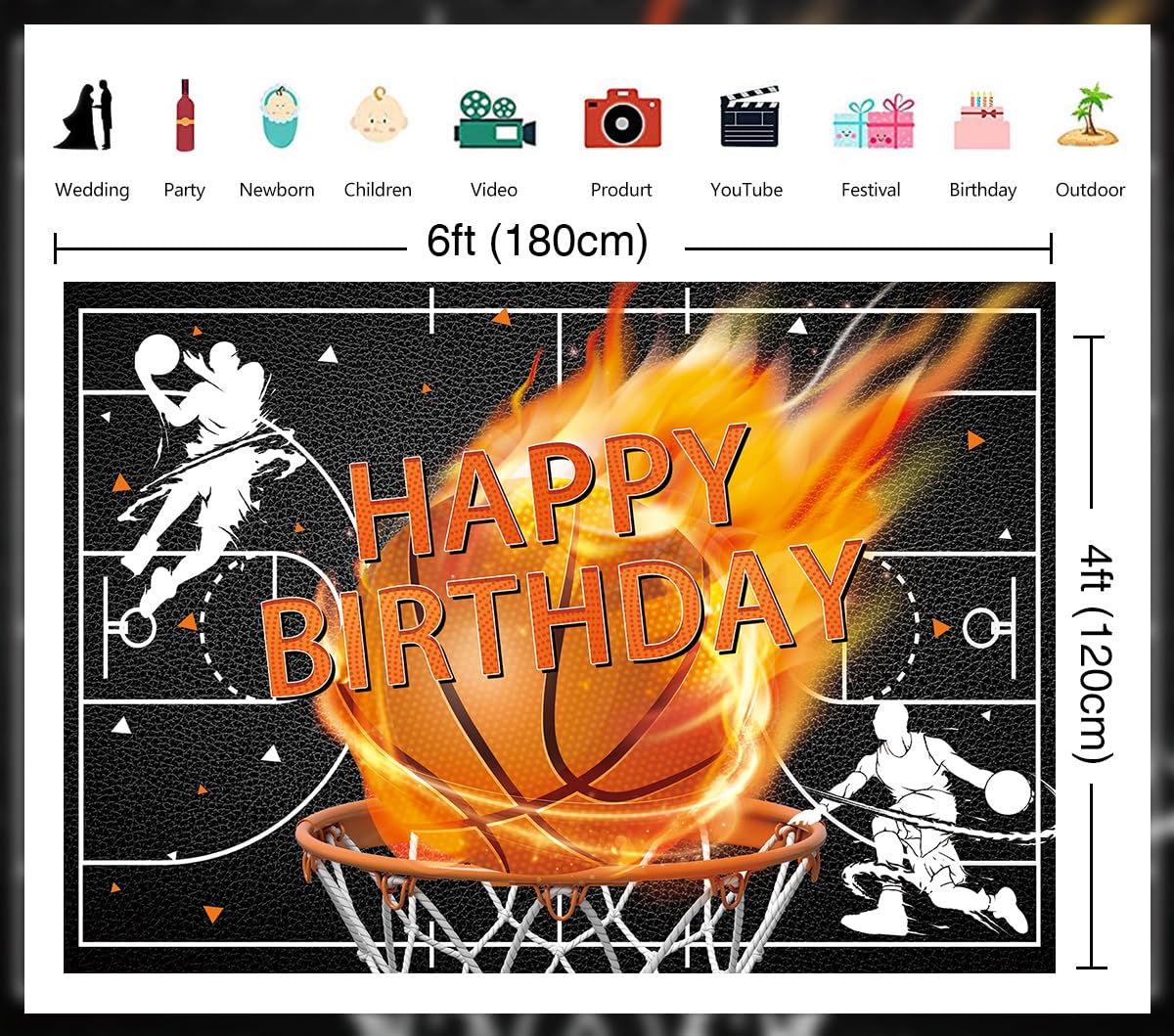 Toile de fond pour anniversaire de basket-ball sur le thème du sport pour adolescents et garçons - Décorations de fête d'anniversaire - Fournitures de gâteau - 180 x 120 cm