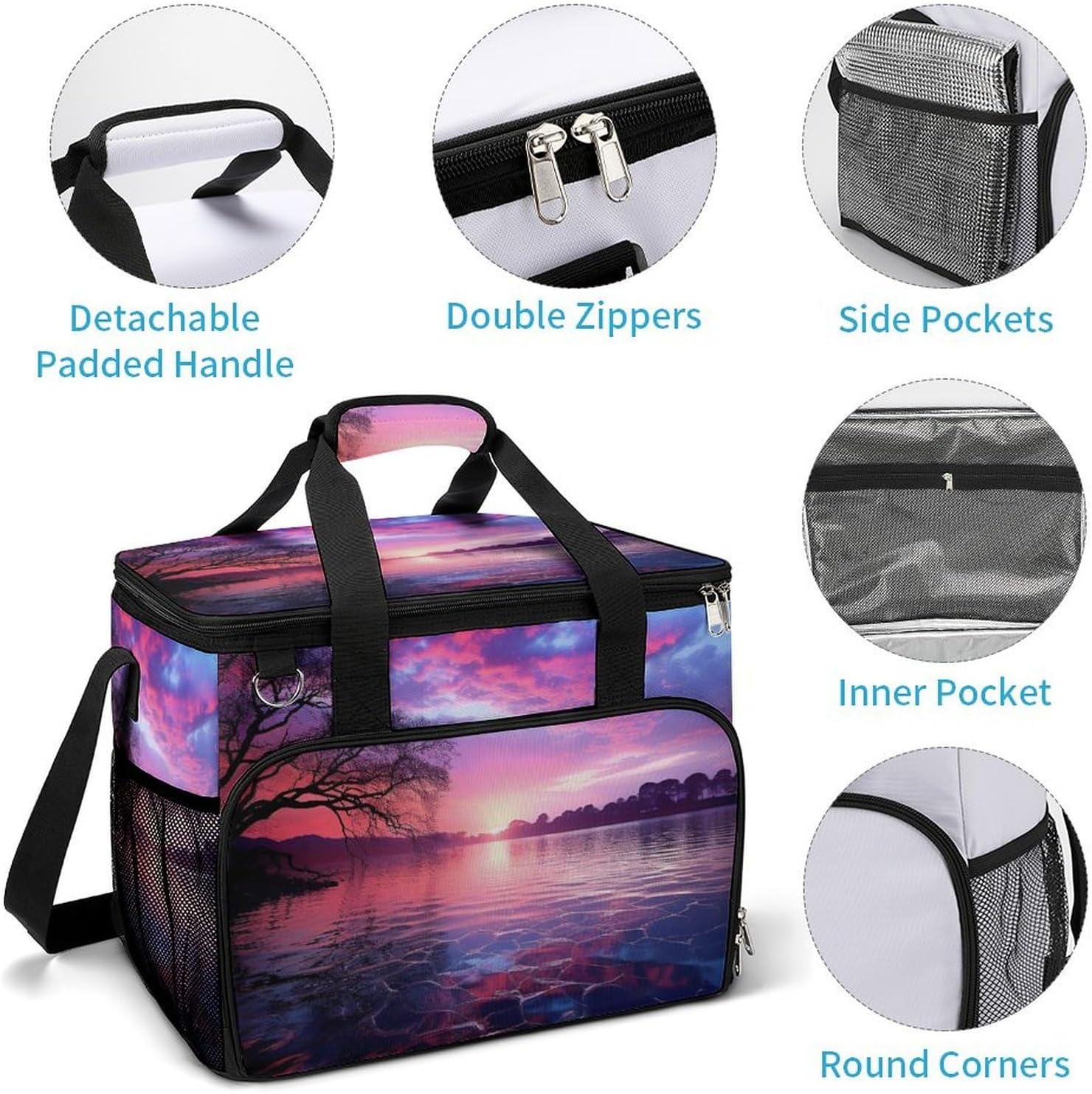 Large Capacity Oxford Cloth Purple Sunset on Water Printed Camping Ice Bag, Outdoor Portable Insulation and Cooling Bag, Suitable for Outdoor Camping and Picnics