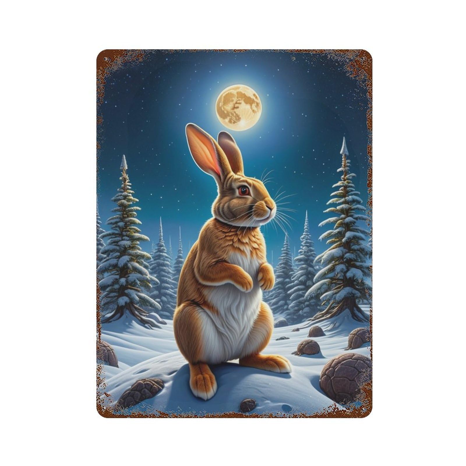 Winter Moon Rabbit Scene 15.7"x11.8" Distressed Metal Wall Sign, Retro Wall Decor for Garage, Bar And Workshop Decor