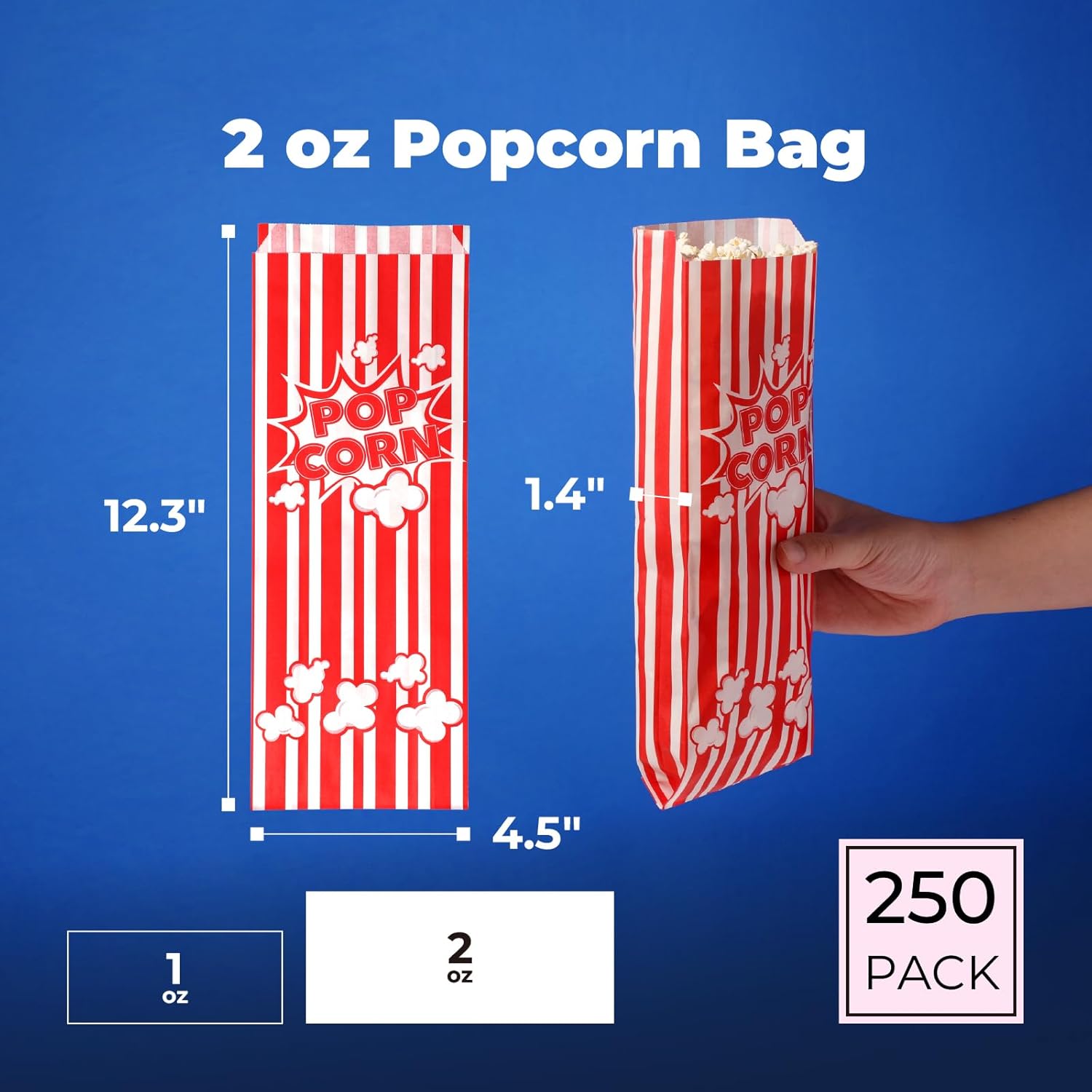 Fit Meal Prep 250 Pack Paper Popcorn Bags Individual Servings 2 Oz, Classic Red & White Striped Popcorn Sleeves, Disposable Popcorn Bags Bulk for Party Popcorn Machine for Movie Nights