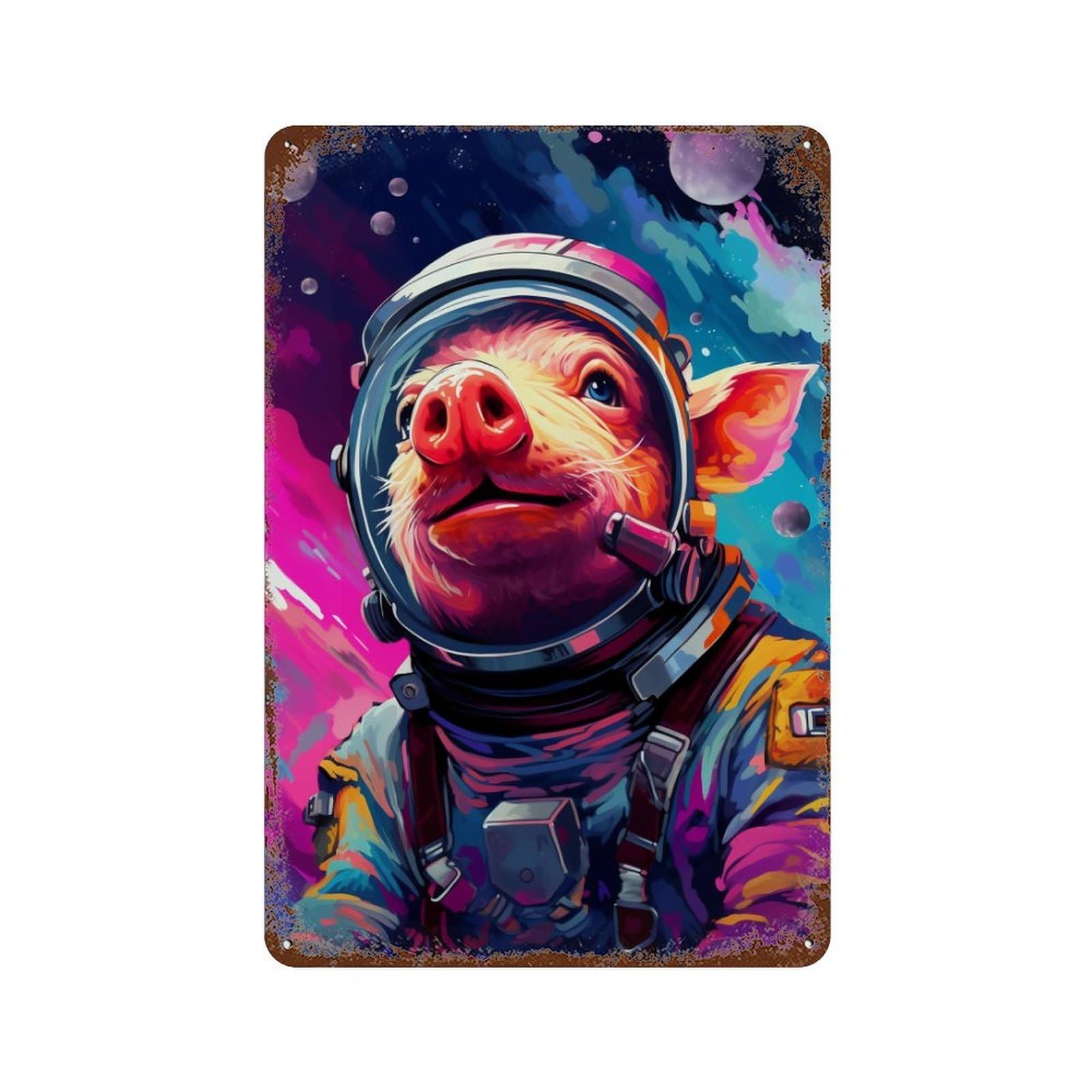 Pig Astronaut in Space Suit 11.8"x7.9" Rust Effect Tin Sign, Vintage Wall Decor for Farmhouse, Kitchen And Entryway Decor
