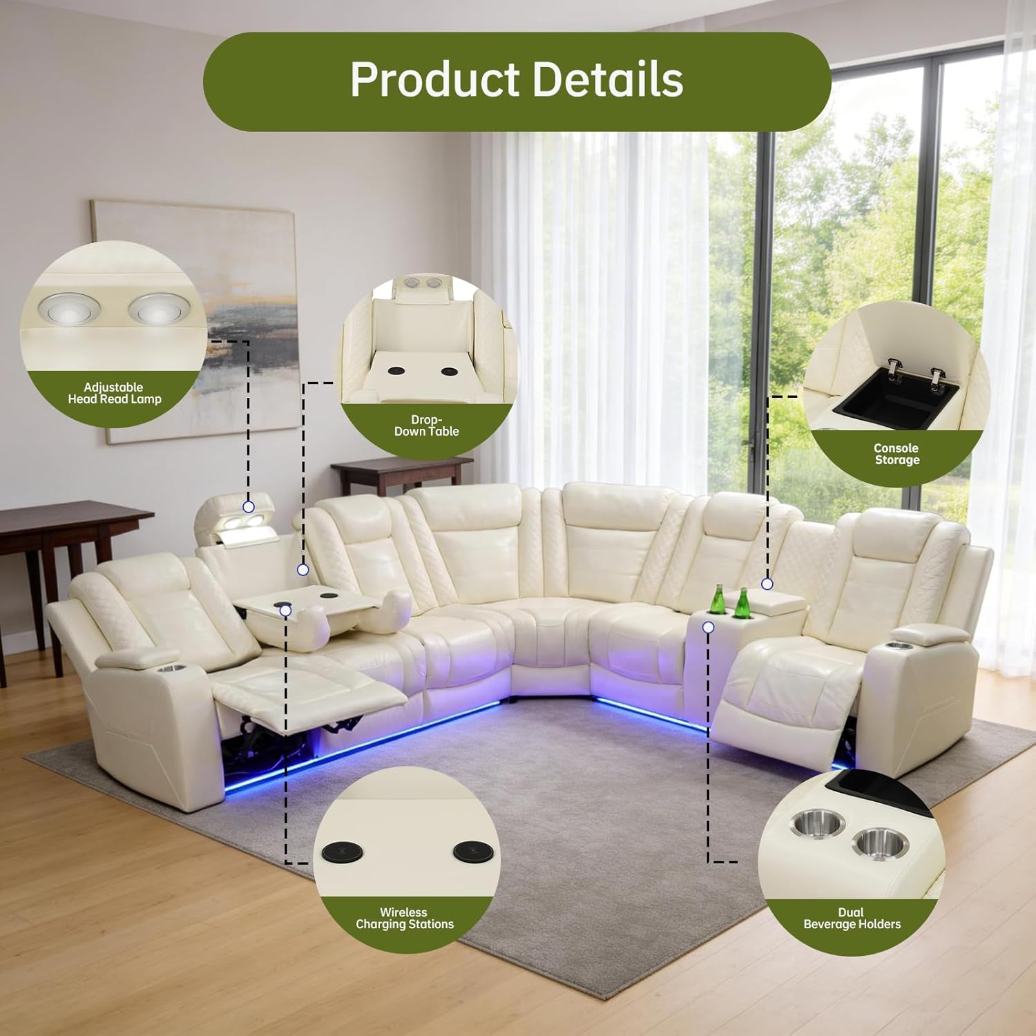 Electric Power Recliner Sectional with Quiet Adjustable Seating, Air Leather Couch for Home Theater Experience, Wireless Power, Cup Holders, Storage Design for Modern Living Room, White