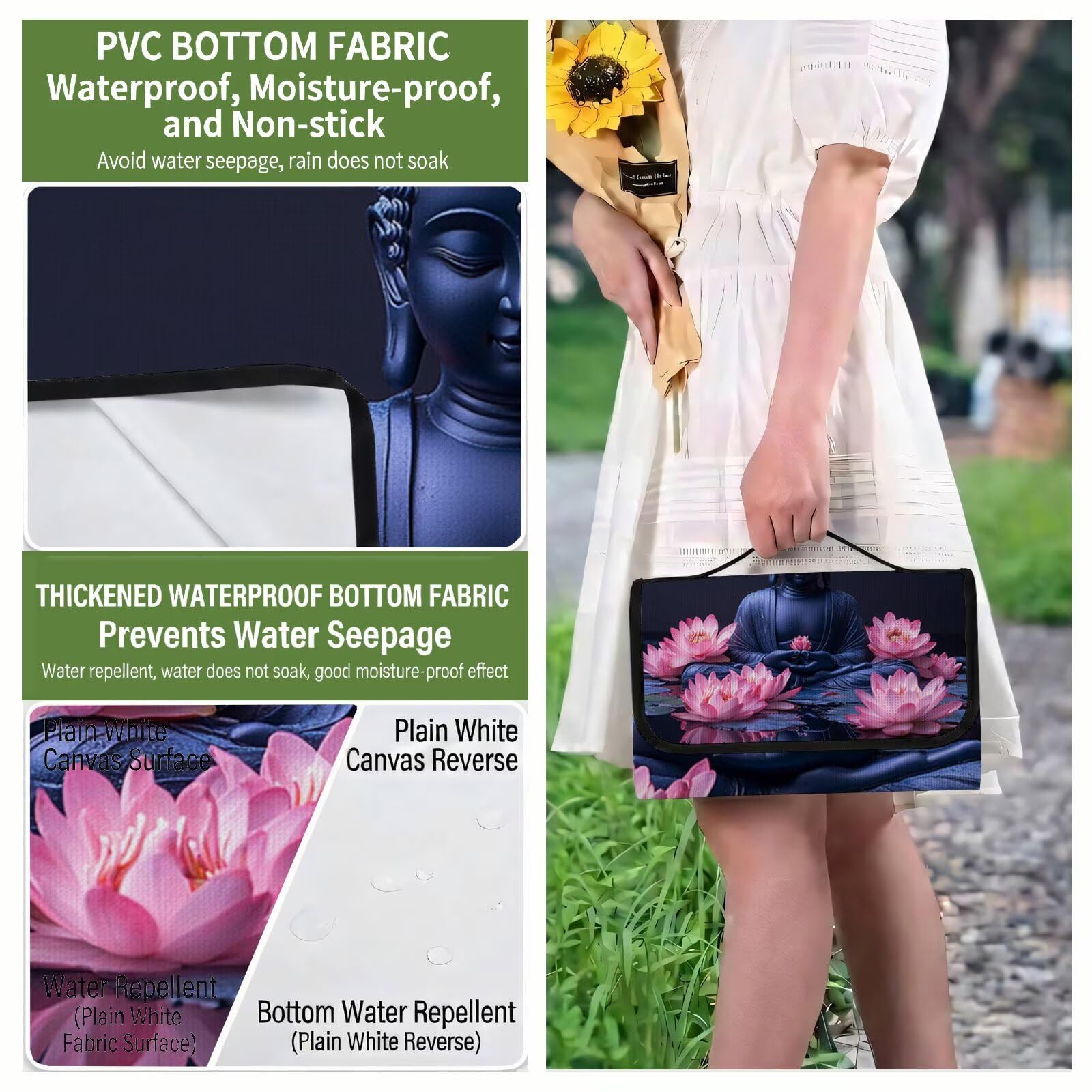 Couverture de Pique-Nique Grande 200x300cm,Outdoor Couverture Imperméable,Pliable Tapis de Plage Dos en PVC Anti-Sable,Picnic Blanket pour Camping Accessoires,Jardin,Parc,Famille - Bouddha,noir UZ-621