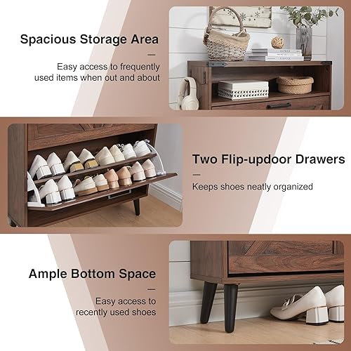 Miniatura 5 de Zapatero, organizador de zapatos con 2 cajones y diseño estilo campestre, armario independiente oculto estrecho, con estantes abiertos, para