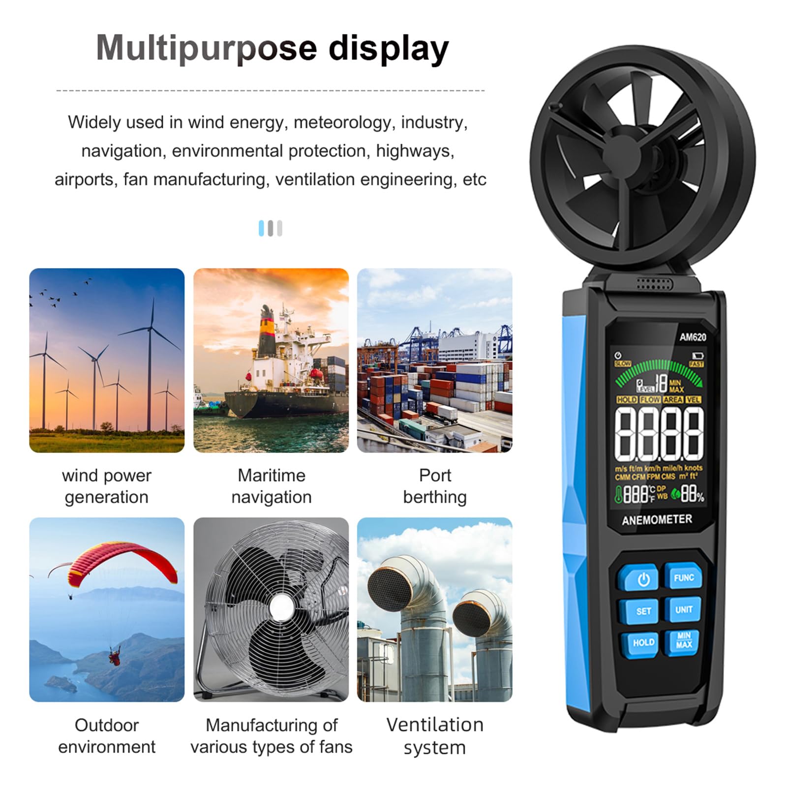 Digital Anemometer Handhelds Wind Speed Meter for Air Flows Wind Temperature HumidityTester Data Hold Air Flows Meter