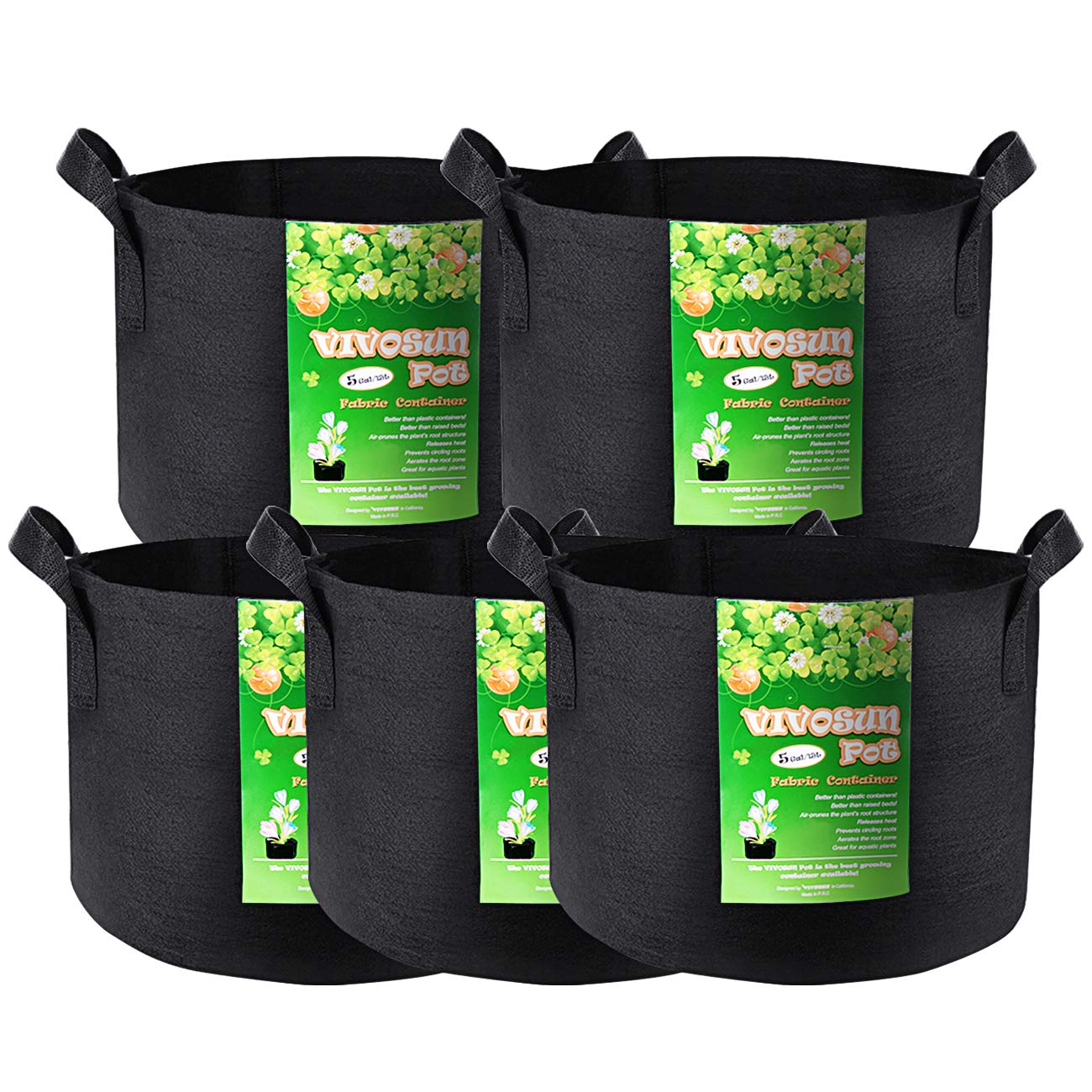 VIVOSUN 5-Pack 5 Gallons Grow Bags Heavy Duty Thickened Nonwoven Fabric Pots with Handles