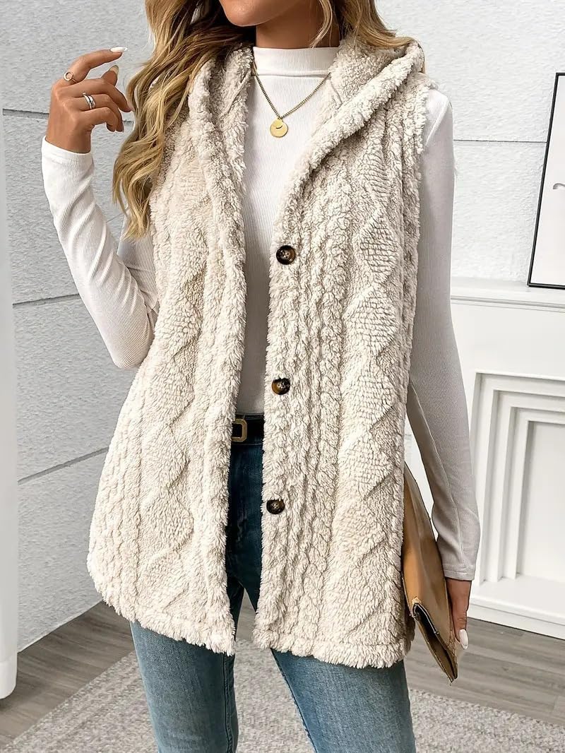 Women's Sherpa Fleece Vest Hooded - Lightweight Button Down Outerwear, Loose Fit Fall Winter Warm Layering Piece