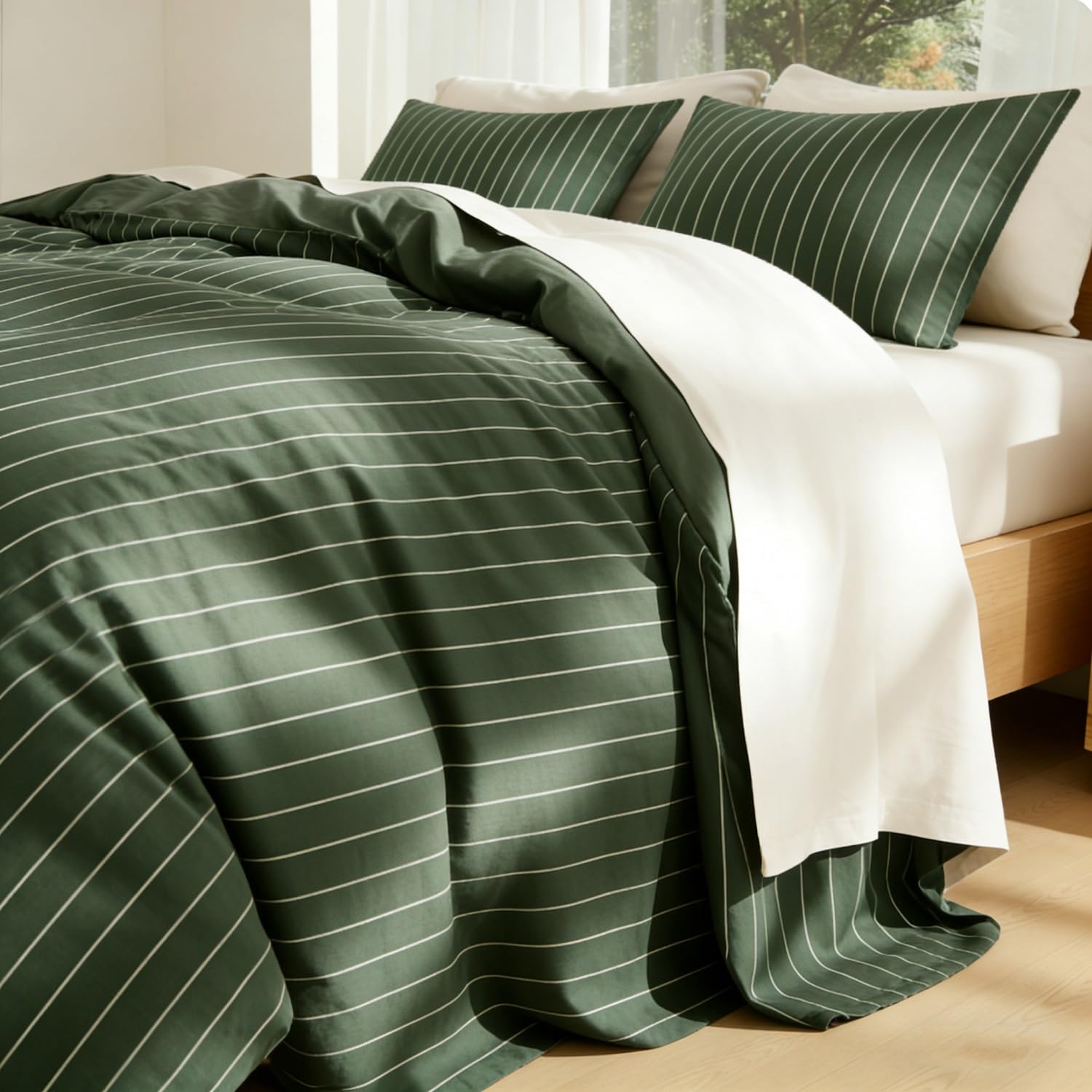 Lanqinglv Gestreift Bettwäsche 135x200 4Teilig Dunkelgrün Streifen Wendebettwäsche,Kuschelig ÖKO-TEX Bettwäsche für Allergiker Geeignet,2 Grün Bettbezug & 2 Kissenbezug 80x80 cm