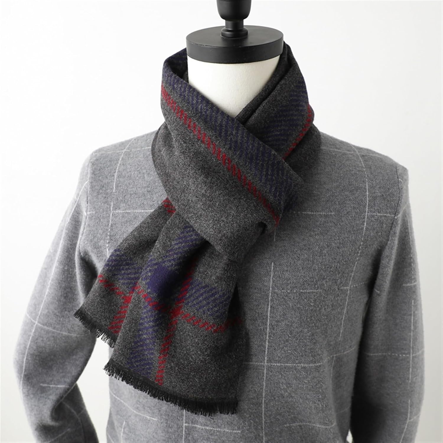 Men's Plaid Scarf, Faux Cashmere, Fashion Scarves with Fringe, Pure Color, Men Winter Knitted Long Wrap, Soft, 71 in, for Skiing, Parties, Office(A)