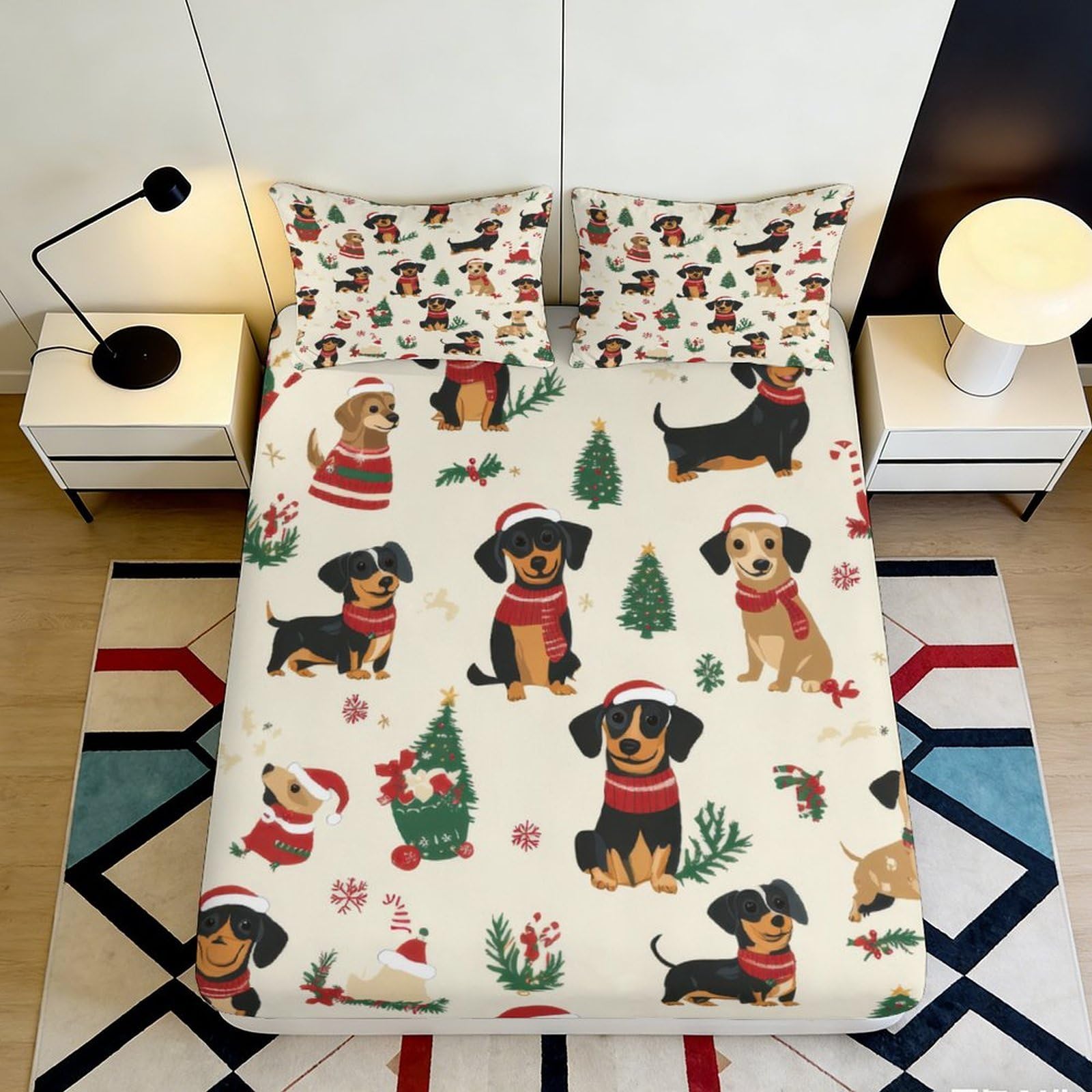 3D Printed Christmas Dachshund Fitted Sheet Microfiber Soft Durable Holiday Dog Mattress Cover for Bedroom Dormitory Guest Room Protection Decoration 200x200x25cm