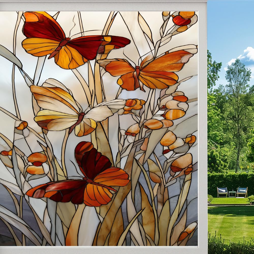 Rural Autumn Butterfly Frosted Window Film, Natural Field Plants Wildflowers Stained Glass Privacy Film, Heat Insulation Self-Adhesive Vinyl for Bathroom Office, （70x100cm）