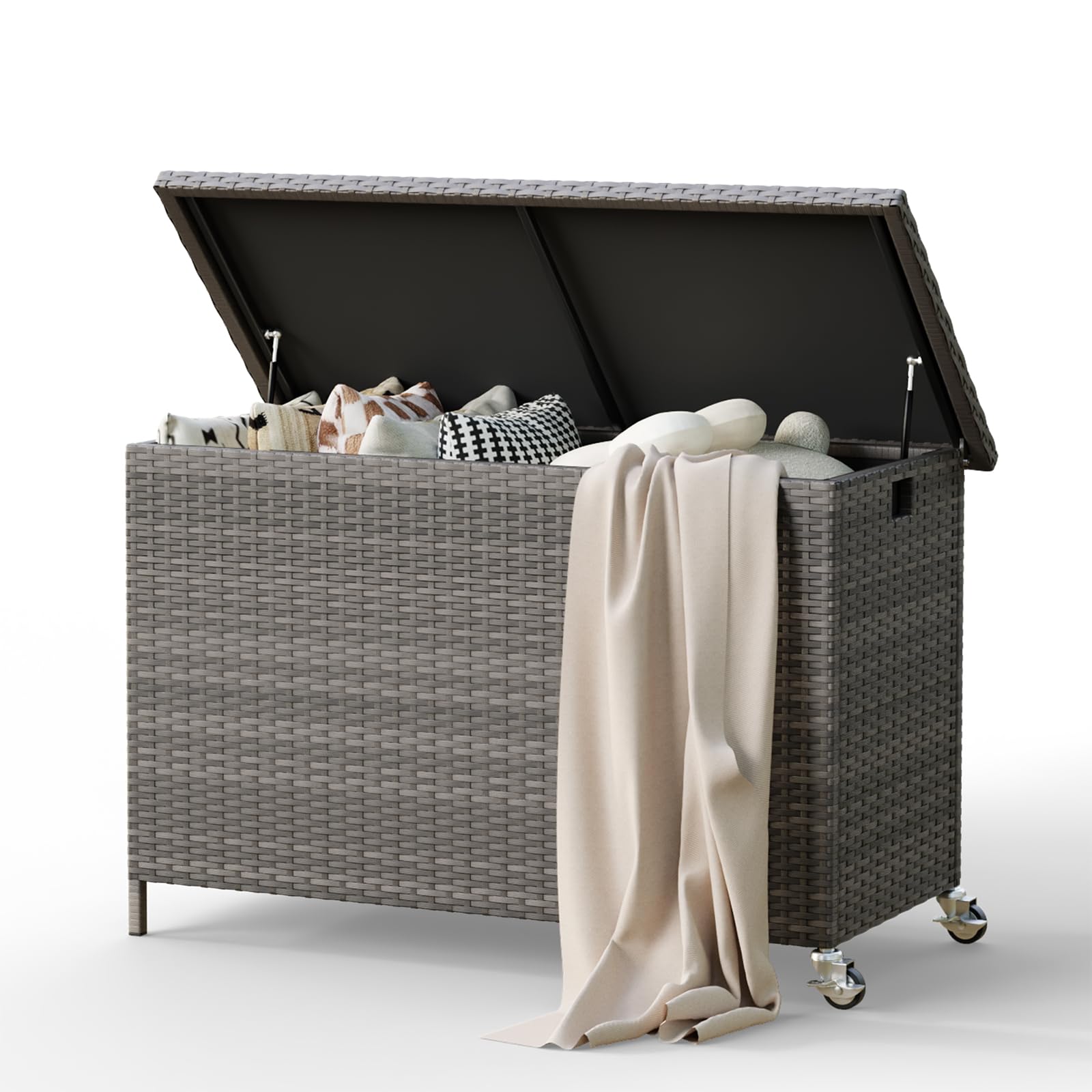Amopatio 310L Gartenbox Auflagenbox wasserdicht, Kissenbox Outdoor aus Polyrattan, Aufbewahrungsbox Metall mit Rollen & Gasdruckfedern, Gartenkiste wetterfest für Garten, Balkon, Grau
