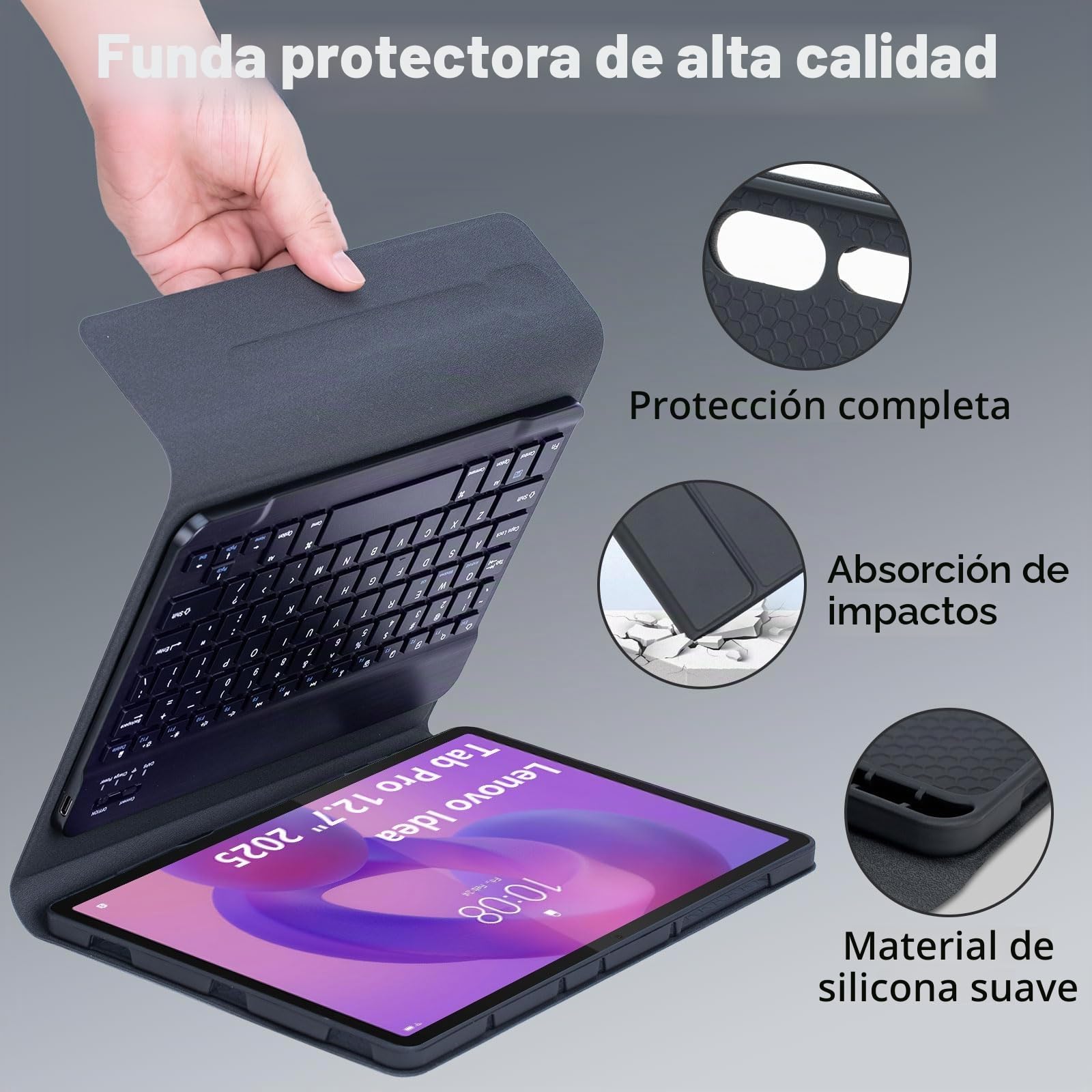 Funda con Teclado para Lenovo Idea Tab Pro 12,7 Pulgadas 2025 Modelo (TB373FU/TB375FC), Español Ñ Teclado Inalámbrico Bluetooth Desmontable Funda Ultradelgada Multiángulo con Ratón,Negro