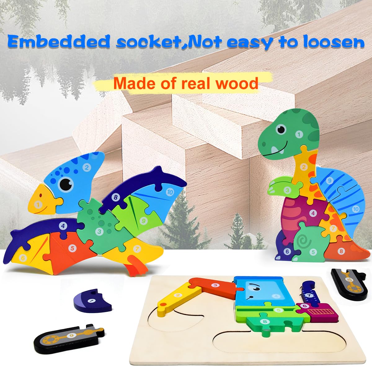 Puzzles en bois Montessori pour enfants 2-4 ans, 4 pièces, cadeau garçons filles dinosaure bateau