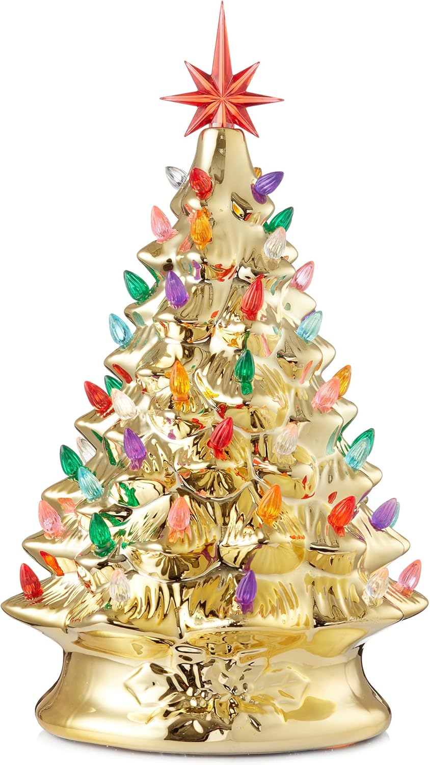 Casafield Hand Painted Ceramic Christmas Tree - 15-Inch Pre-Lit Gold