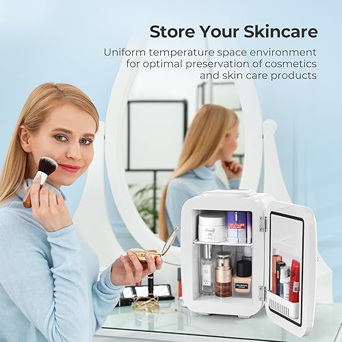 Miniatura 8 de YASHE Mini Fridge, 4 Liter6 Cans Small Fridge for Skincare, 110V AC 12V DC Thermoelectric Cooler and Warmer Mini Fridge for Drink Office Dorm Car,