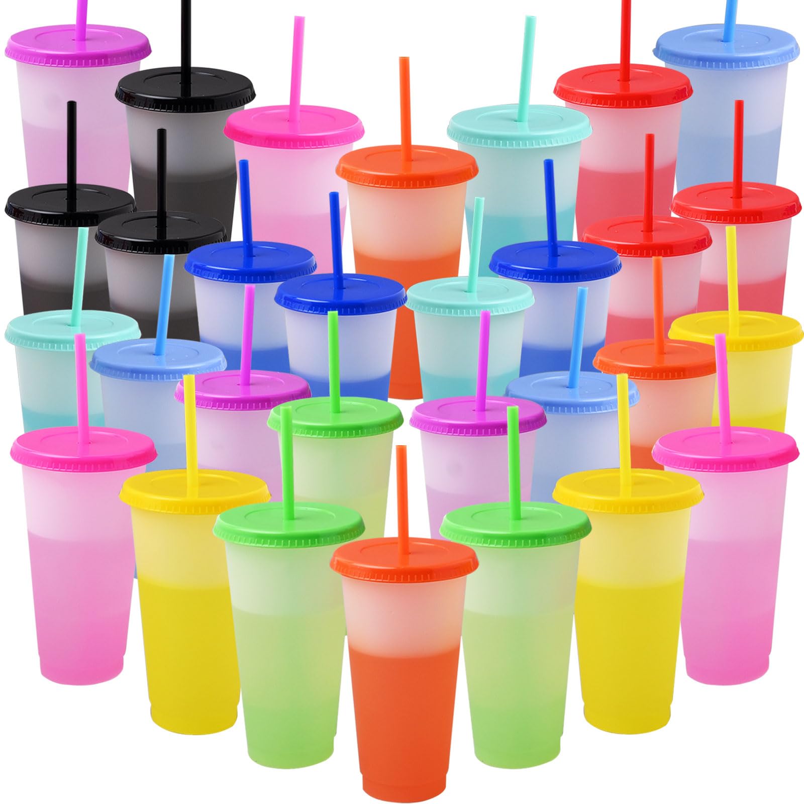 30 Stück farbwechselnde Becher, 680 ml, wiederverwendbare Kunststoffbecher mit Deckel und Strohhalm, Trinkwasserbecher, Reisebecher für Party, Eiskaffee, Saft, Wasser, Getränke, BPA-frei (10