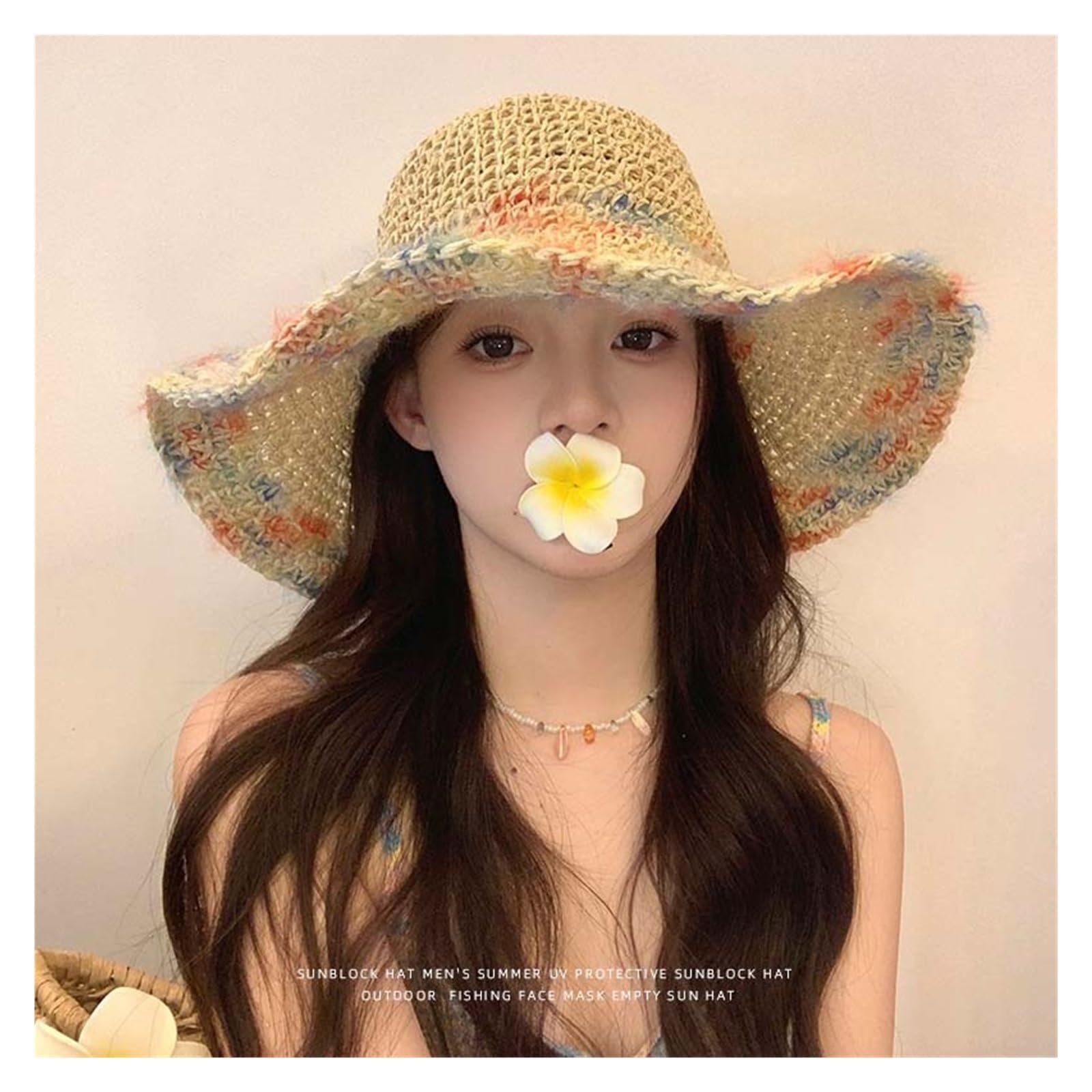 Cappelli di Paglia Intrecciati Pieghevoli Estivi da 1pc for Le Vacanze al Mare Viaggio, Cappello Sole A Tesa Larga Scavato Traspirante Indossare per Viaggio