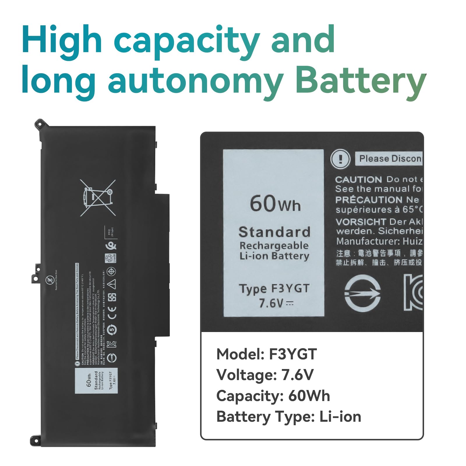 Batteria Per Dell Latitude 7280 7380 7480 - Sostituta 60Wh 7.6V, Modello F3YGT, 4 Celle - Foto 4