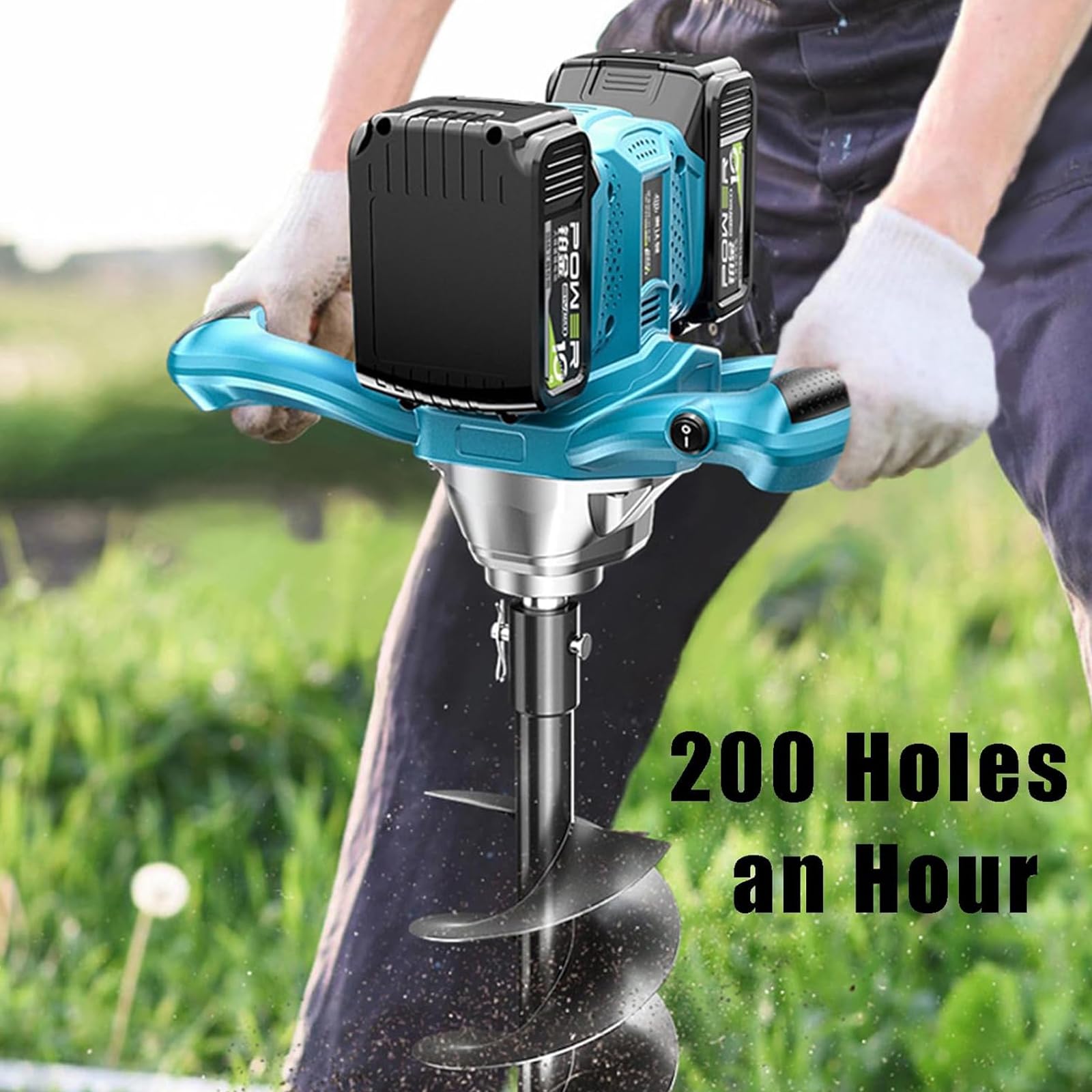 Excavadora eléctrica inalámbrica para postes con potencia de 1200 W, 2 baterías, par de torsión de 1200 Nm, control de 6 velocidades y función de marcha atrás para valla, plantación y jardinería