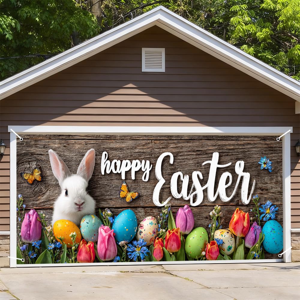 Easter Garage Door Cover 157.48 x 70.87 Inch White Bunny Colorful Eggs Rustic Wood Background Spring Flowers Vibrant Outdoor Garage Decor Easter Celebration Family Gathering Seasonal Yard Display