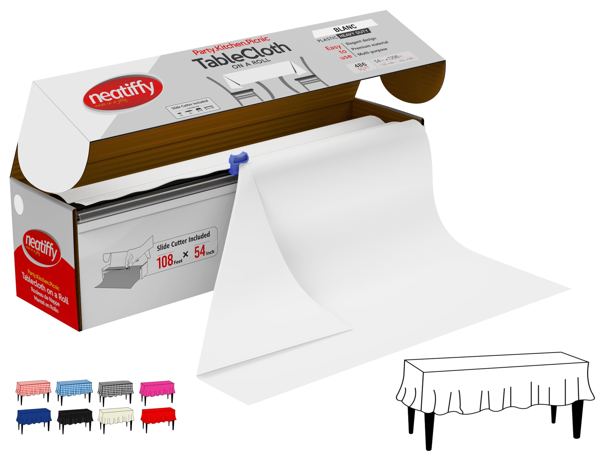 Neatiffy Disposable Plastic Table Cloth Roll | 54 in x 108 Ft Waterproof Tablecloth | Table Cover for Rectangle, Square, Round Oval Tables | Picnic, Party, Banquet, Birthdays, Weddings, White