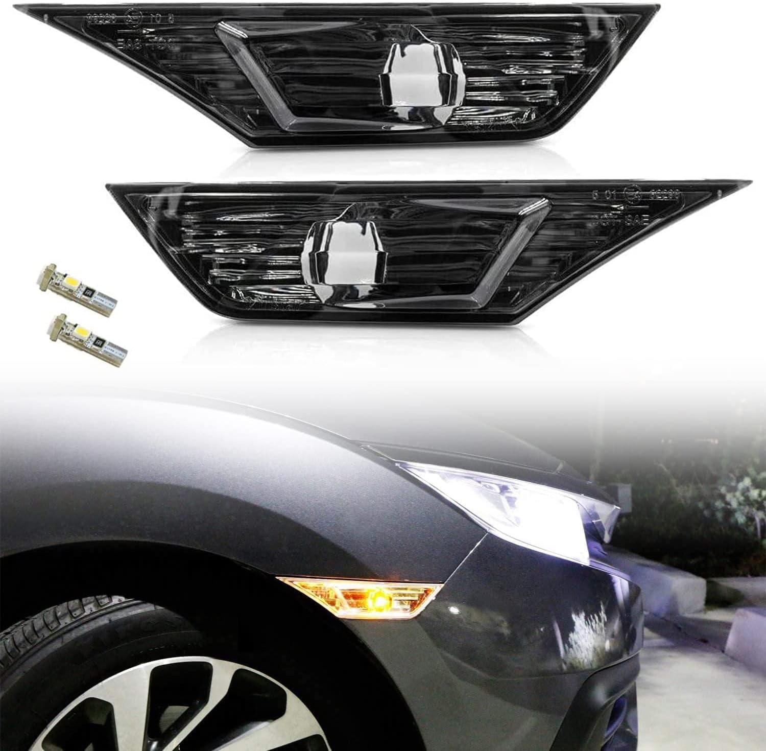 Smoked Lens Led Side Marker Light for 2016-2021 10th Gen Honda Civic Sedan Coupe Hatchbakc, Replace OE Front Sidemarker Lamps