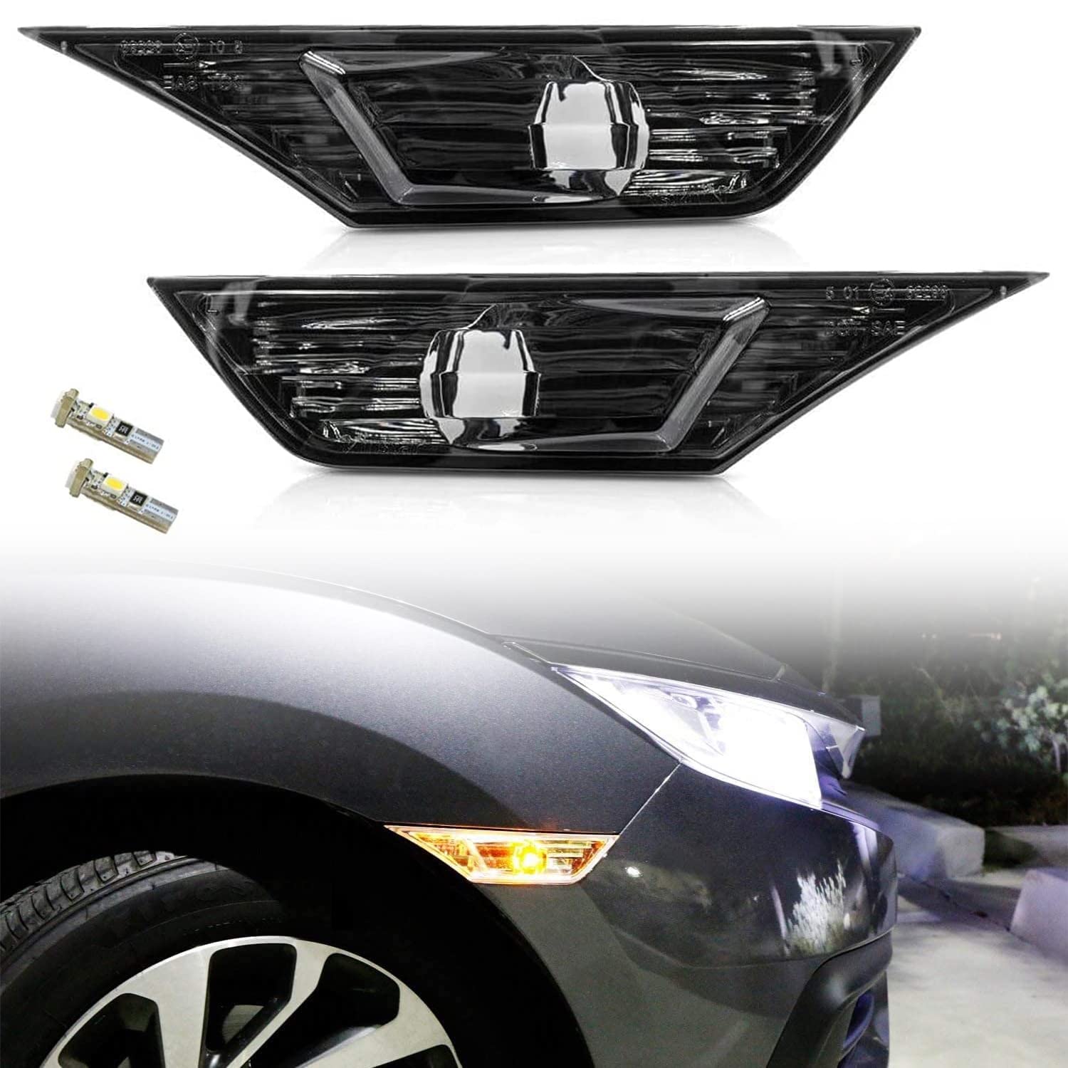 Smoked Lens Led Side Marker Light for 2016-2021 10th Gen Honda Civic Sedan Coupe Hatchbakc, Replace OE Front Sidemarker Lamps