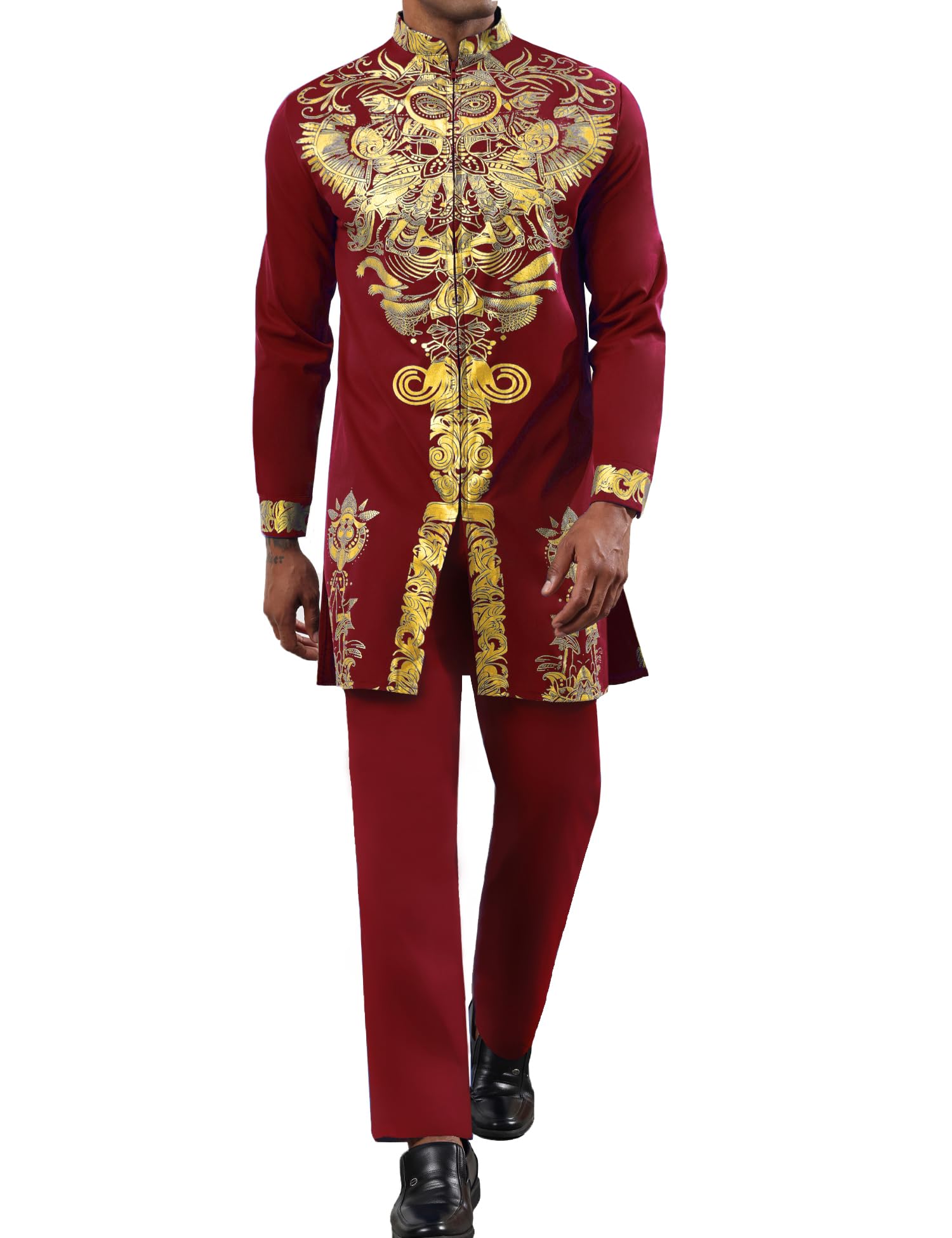 Mens African 2 Piece Set Zipper Nigerian Dashiki Metallic Shirt and Pants Outfit Gold Stamp Printed Long Traditional Suit