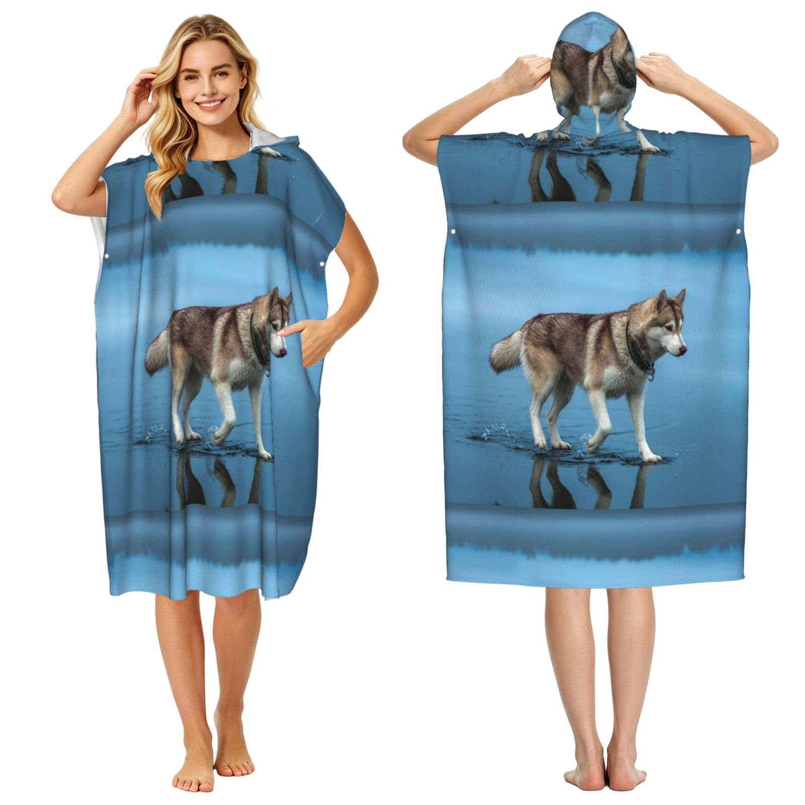 Poadnly Beautiful Siberian Husky, Adult Hooded Beach Towel 90 x 110 cm,Changing Bath Robe, Surf Poncho Towel For Women Men