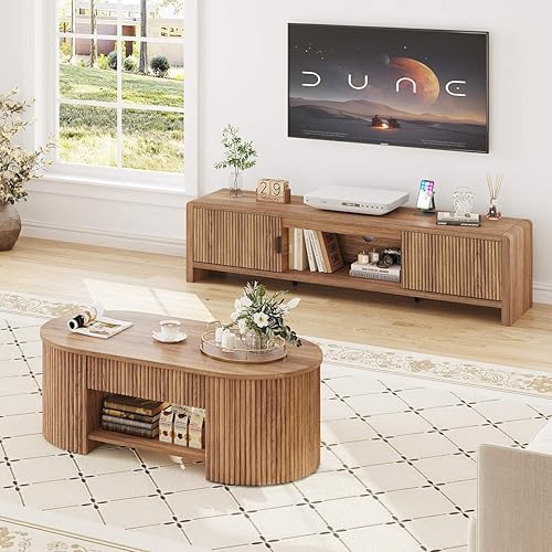Miniatura 8 de FATORRI Mesa de café para sala de estar con almacenamiento, mesa central moderna de madera con cajón, mesas de sala de estar ovaladas de estilo