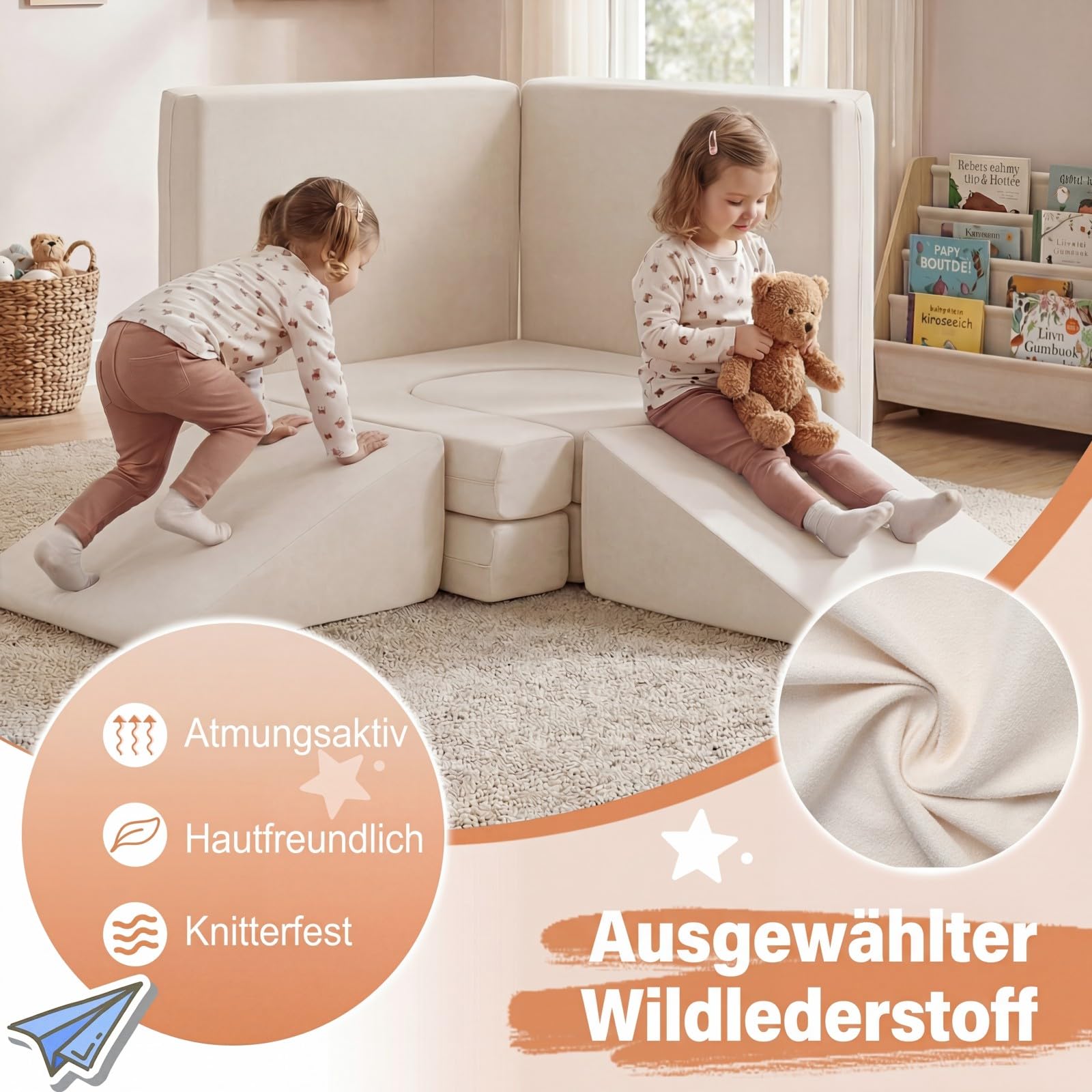 COSTWAY 10-teiliges modulares Spielsofa, Kindersofa ausklappbar mit abnehmbarem & waschbarem Bezug aus Wildleder, Schaumstoff Bausteine für Kinderzimmer, Kindercouch für Kinder ab 3 Jahren (Beige)