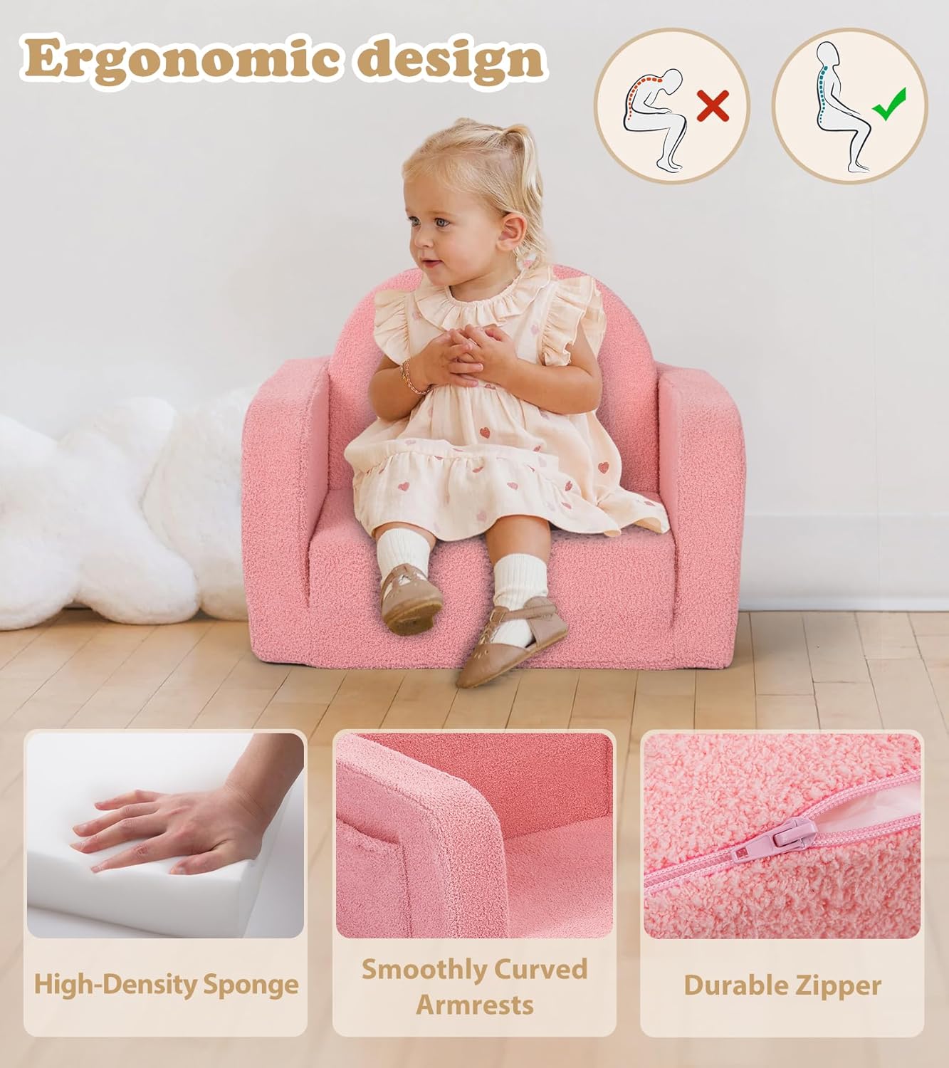 Kids Couch, 2-in-1 Soft Toddler Couch Fold Out with Blanket, Comfy Toddler Chair, Convertible Sofa, Gifts for Kids Girl Boys, Medium Pink Rainbow - Image 5