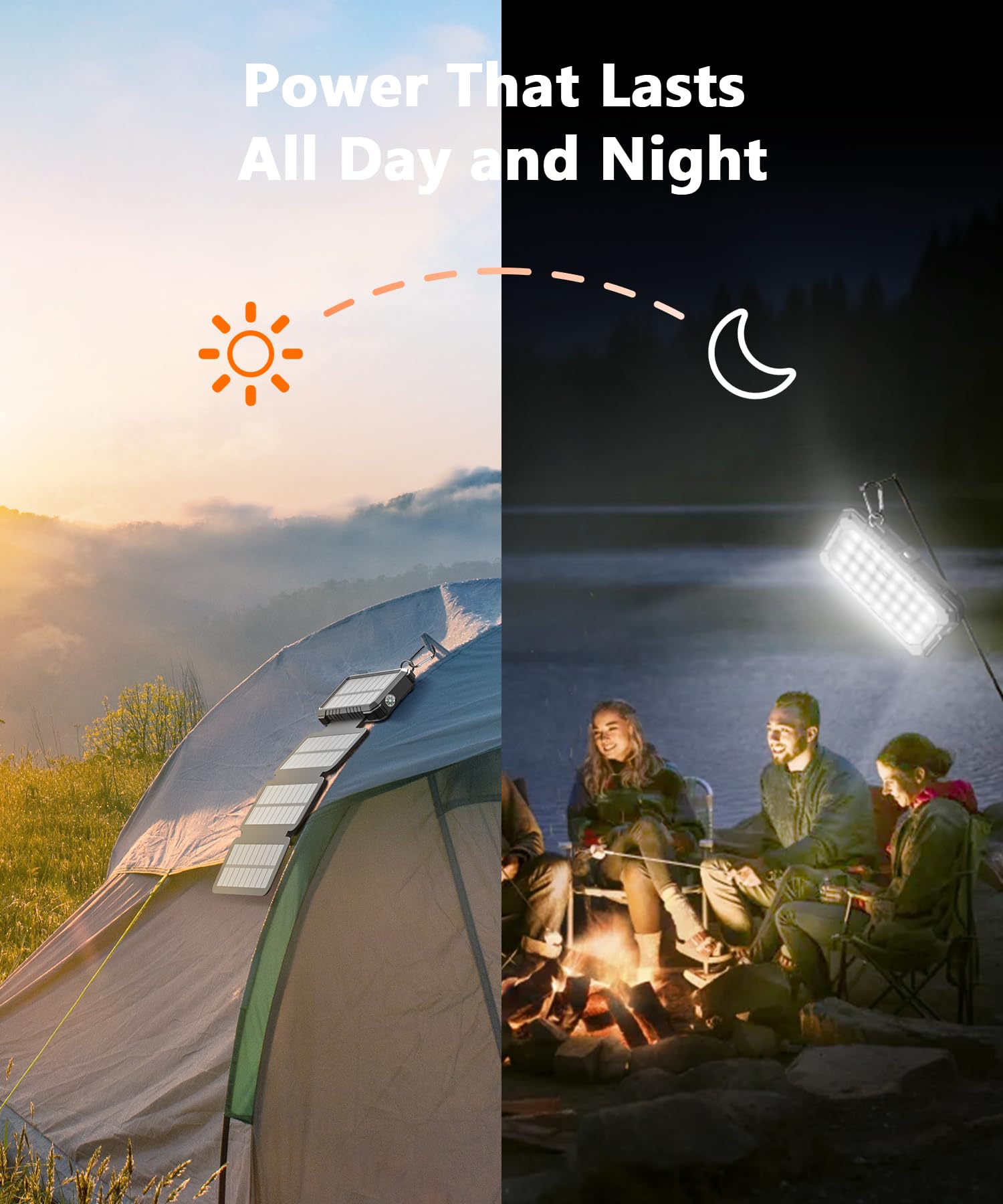Power Bank Solar 26800mAh con 4 Paneles Solares, Cargador Solar USB-C 18W Carga Rápida con luz de Camping y Linterna (SOS) para Teléfono, Batería Externa para Exteriores Emergencia Apagones