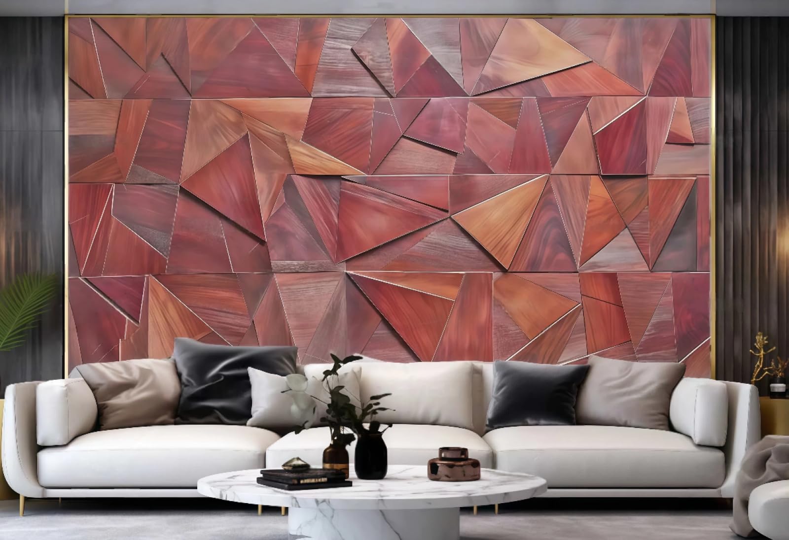Tapeta nowoczesna minimalistyczna mahoń sztuka trójkąt kolaż geometryczny słoje drewna tłoczony obraz telewizor sofa tło tapeta ścienna salon restauracja kawiarnia, 3D, 430x300 cm