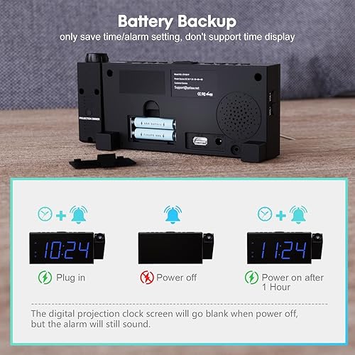 Miniatura 6 de OnLyee Reloj despertador de proyección para dormitorio, LED digital en techo y pared con carga USB para teléfono, respaldo de batería, proyector