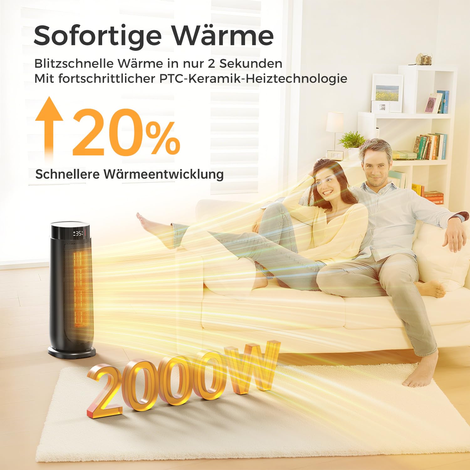 PTC Heizlüfter für Zuhause, Überhitzungs Kippschutz, Schwarz, 2000W