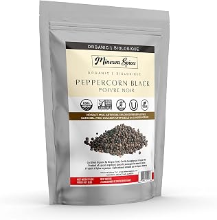Minerva Spices Organic Peppercorn Black, 1 Pound, 453 Grams, Premium Quality, 100% Pure, Non-GMO, Vegan, Gluten-Free and Kosher Certified, 1-lb Bag