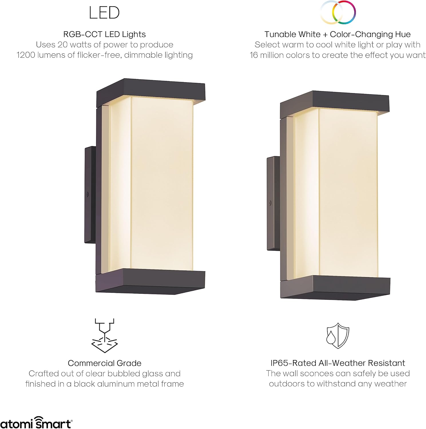 atomi smart WiFi LED Square Wall Sconce Lights 2Pack, 1200 Lumens