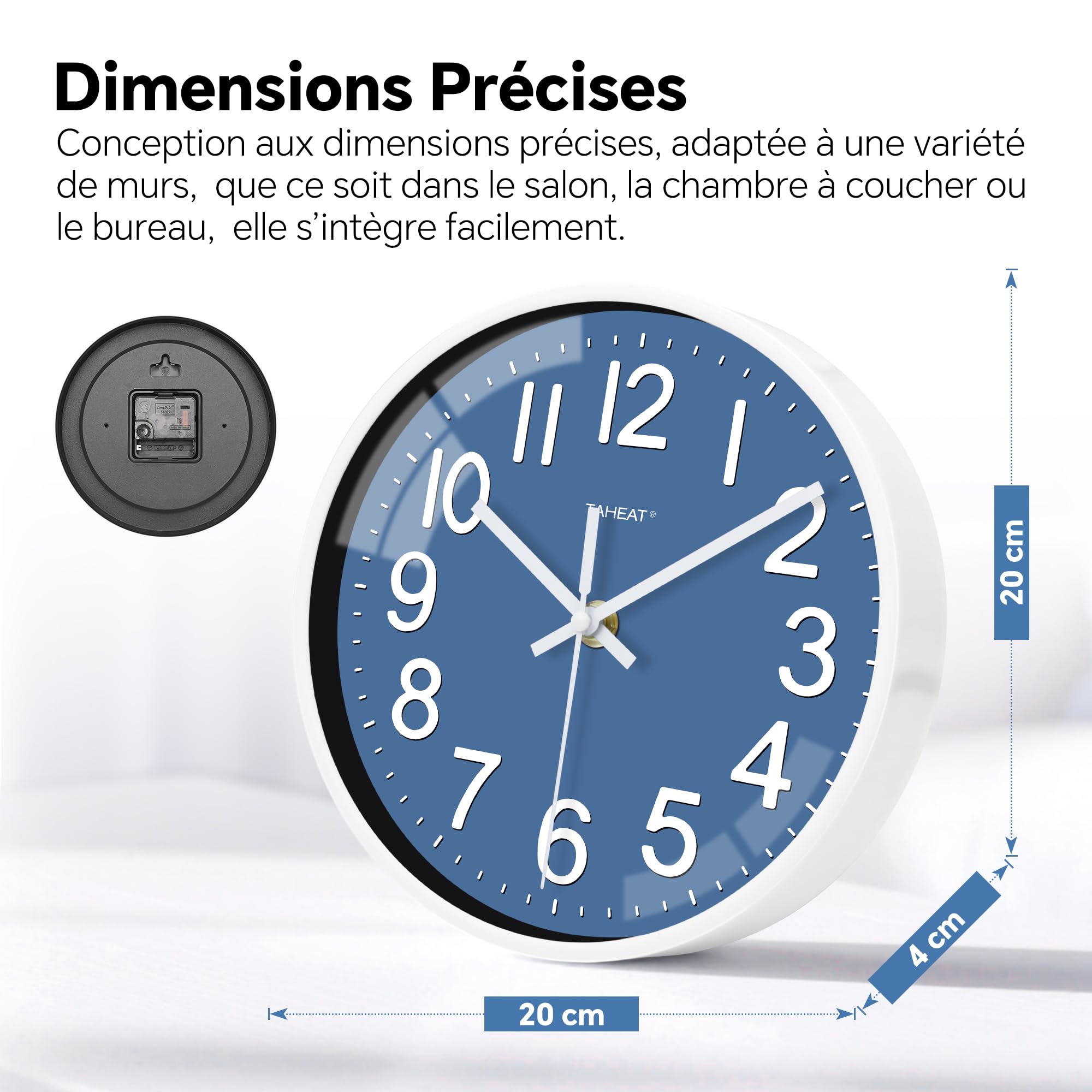 TAHEAT Horloge Murale Bleue 20 cm, Horloge à Quartz Silencieuse, Décoration Moderne