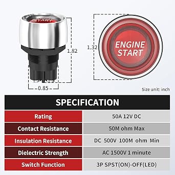 12VDC 50A Engine Start Ignition Switch 3 Pin SPST Push Button Starter Switch Momentary 12 Volt 50 Amp Red Led for Marine Vehicle Racing Car Truck RV