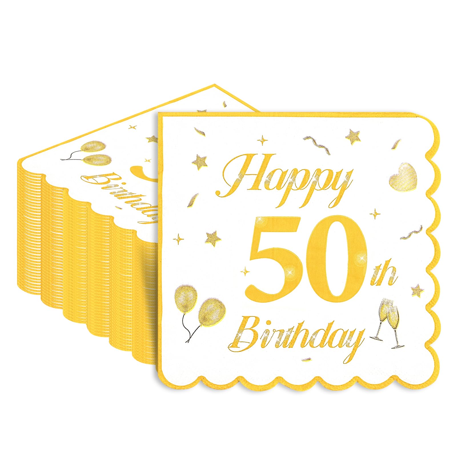 50Pcs 50th Birthday Paper Napkins,Disposable White and Gold Scalloped Dessert Cocktail Luncheon Party Paper for Birthday Wedding Boys Girls Men Party Decorations