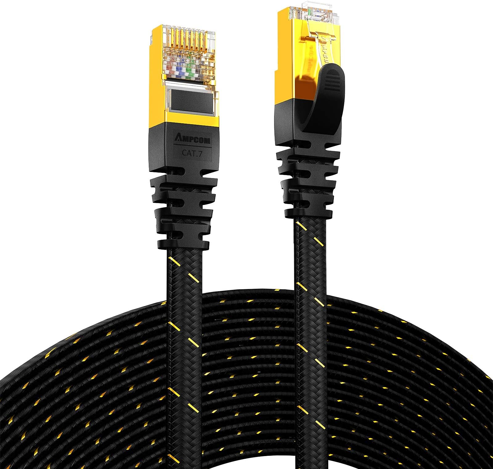 AMPCOM CAT7 Ethernet Cable (10G 600MHz), Shielded Flat Network Patch Cord, 50u Gold Plated Lead, Polyester Braided - 26ft Black