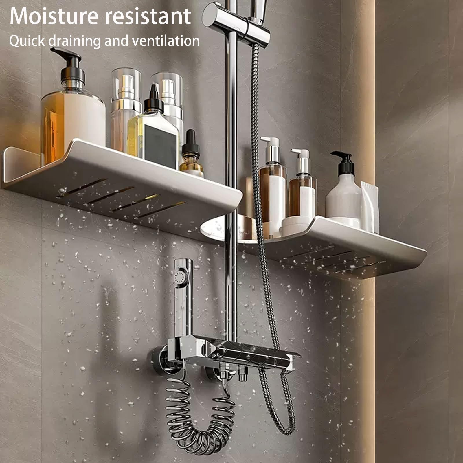Estante de ducha gris montado en la pared de 70 cm, estante de almacenamiento sin taladro, organizador de ahorro de espacio para artículos esenciales de baño, soporte para champú, perfecto para