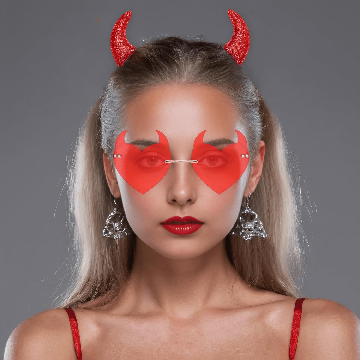 Devil Horns and Sunglasses Halloween Costume Set - Red Horns Headband, Glitter Ears Headpiece, Dress Cosplay Accessories - Image 3